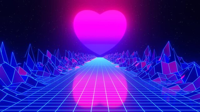 3d blue pink neon 80s 90s retrowave sunset heart road. Retro cyberpunk futuristic sci-fi background. Love celebration valentine's day. Glow and shine synthwave seamless looped 4k 30fps animation. y2k