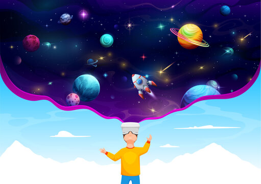 Boy kid in VR helmet and galaxy space universe with planets and rockets, cartoon vector. Child boy in virtual reality glasses look at outer space dreaming of spaceflight on spaceship to galaxy stars