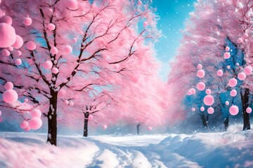 pink trees woth snow falling and bench behind pink trees falling leaves with  snow astonishing winter view and hut down the pink tress covered with snow 