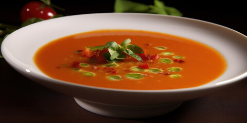 Traditional Spanish cuisine. Gazpacho or tomato and cucumber soup. Generative AI.
