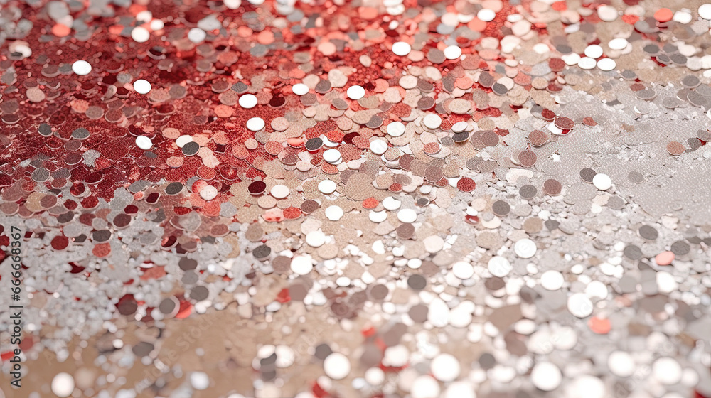 Poster Abstract shiny background with red glitter. Scattered confetti sparkles with red color.