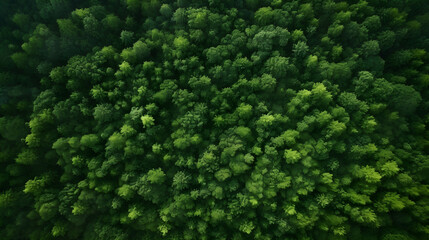 Aerial view of mountains and dark green forest. Rich natural ecosystem, conservation of natural forests and reforestation.