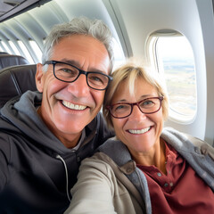 MATURE COUPLE HUSBAND AND WIFE TAKING SELFIE ON PLANE. image created by legal AI
