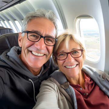 MATURE COUPLE HUSBAND AND WIFE TAKING SELFIE ON PLANE. image created by legal AI
