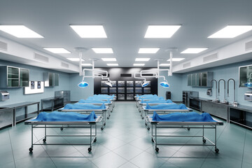 Many corpses covered with cloth lie on tables in the morgue. The concept of death, funeral, autopsy, funeral services, terrorist attack, disaster. 3D illustration, 3D render, copy space. - obrazy, fototapety, plakaty