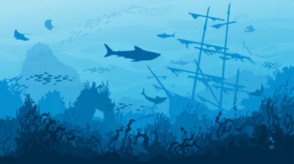 Fotobehang Sunken sail ship, sharks and fish shoals on underwater landscape silhouette. Sea water waves and ocean coral reef bottom vector background with marine animals, seaweeds and old sailing boat © Vector Tradition