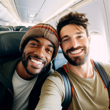 GAY COUPLE TAKING SELFIE IN THE AIRPLANE CABIN. image created by legal AI
