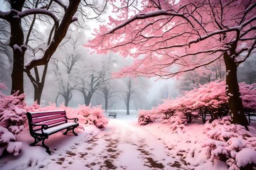 pink trees  leaves falling with snow in winter season with bench avaliable amazing view 