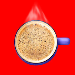 Steaming coffee cup with foam top view red background creative art collage. Hot drink mug flat lay Energy sip Breakfast Coffee to go Latte Cappuccino shop sale discount Social media advertising design