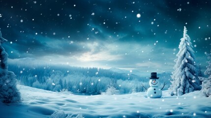 winter night forest background with snowman stars, snowy trees and snow, winter and christmas concept, copy space for text