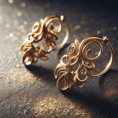 Gold earring  on a surface with dust of gold