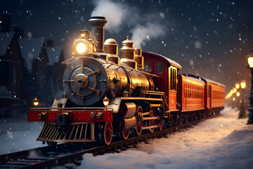  A fabulous old vintage red and gold steam locomotive rides along a snowy road. Christmas. snowing. fairy lights. generative ai. copy space. - obrazy, fototapety, plakaty