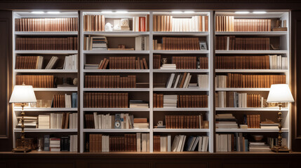 wooden bookcase filled with books in a public library.