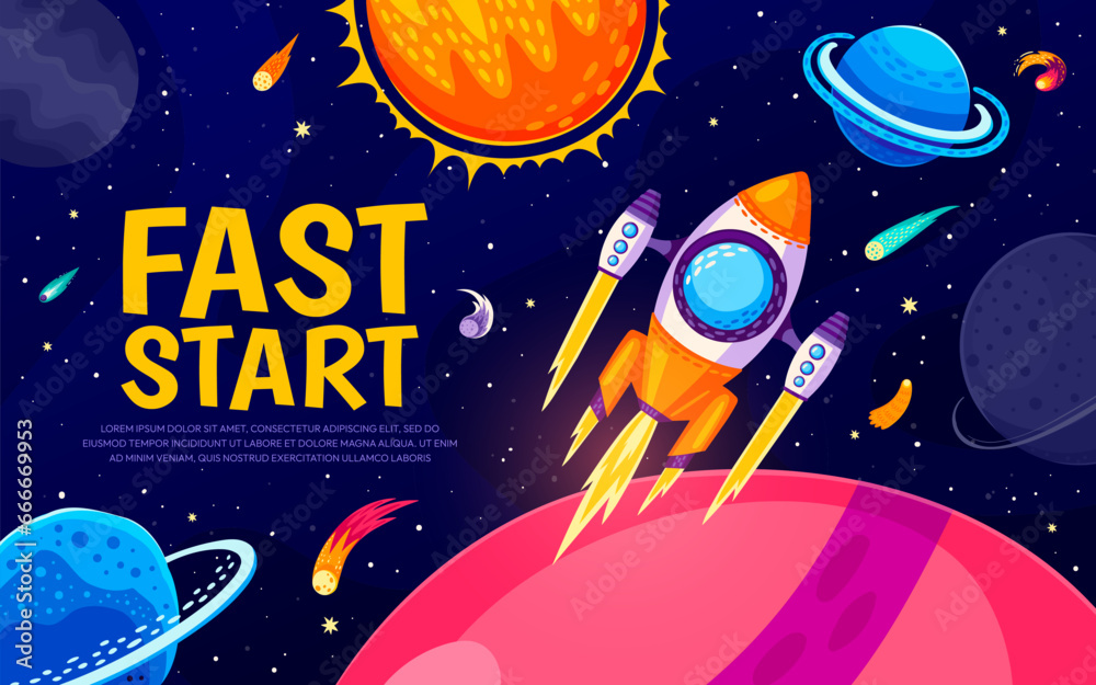 Poster business fast start, rocket launch and cartoon galaxy space landscape, vector background. spaceship 