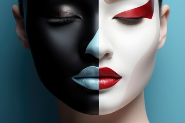 An image of a beautiful woman with beautiful black, white and red makeup. Concept of beauty, style and tranquility