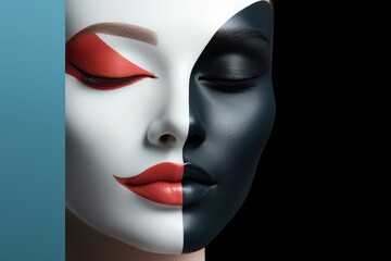 An image of a beautiful woman with beautiful black, white and red makeup. Concept of beauty, style and tranquility