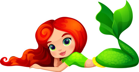 Mermaid, cartoon girl character, cute sea princess with fish tail, vector kids personage. Fairy tale little marine mermaid with ginger hair and green tail from ocean underwater or undersea fairytale