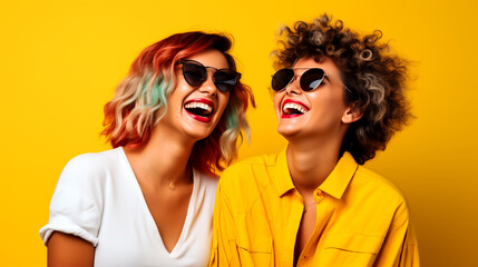 TWO HAPPY POSITIVE GIRLS GIRLFRIENDS LAUGHING FUN. image created by legal AI 
