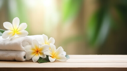 Spa salon design template frangipani flowers towel copy space - obrazy, fototapety, plakaty