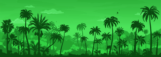 Tropical jungle forest landscape, rainforest silhouette. Tropical forest flora and fauna, Amazon rainforest scenery or national park nature environment vector background. African jungle landscape