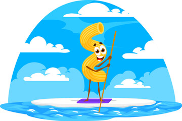 Cartoon cavatappi pasta character with sup board on summer beach vacation. Happy italian macaroni vector personage riding sea waves with stand up paddle board, summer holiday recreational activity