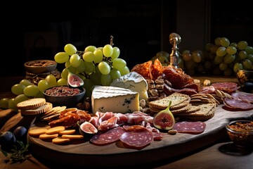  a wooden platter filled with cheese, meats, and fruit.  generative ai