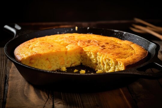  a skillet with a cornbread in it on a wooden table.  generative ai