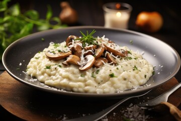  a plate of mashed potatoes with mushrooms and parsley.  generative ai