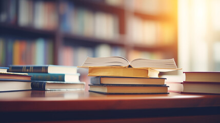 School books on the desk, a wooden bookcase filled with books in a public library Background.