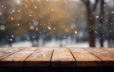 Empty wooden table winter snow falling background generation of AI - obrazy, fototapety, plakaty