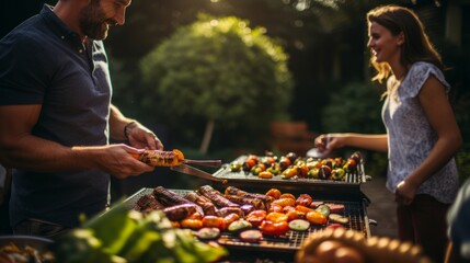 Grilled Vegetables: A Delicious and Healthy Option for Outdoor Cooking. A man and a woman grilling vegetables on a grill.