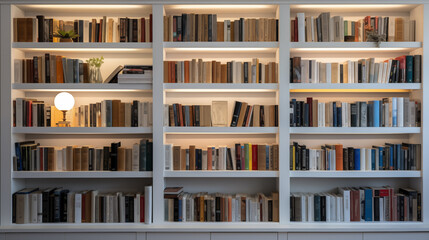 Fototapeta na wymiar a white wooden bookcase filled with books in a public library