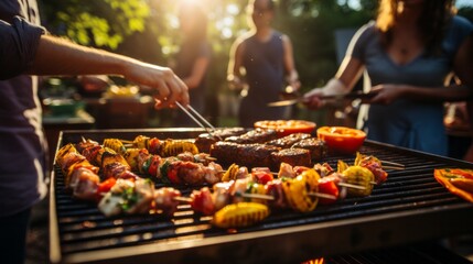 A Social Gathering Around the Barbecue Pit. A group of people grilling food on a grill. - obrazy, fototapety, plakaty