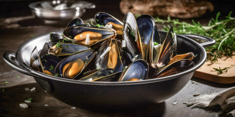 Traditional Spanish cuisine. Steamed mussels. Generative AI. - obrazy, fototapety, plakaty
