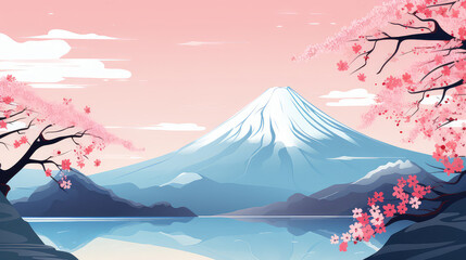 Japanese illustration Mount Fuji with sakura blossom - obrazy, fototapety, plakaty