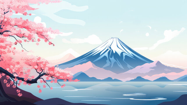 Japanese illustration Mount Fuji with sakura blossom