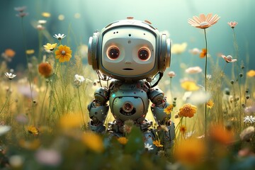 Cheerful Cute robot girl with flowers. Game plant love. Generate AI