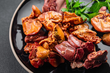 chicken liver confit delicious chicken offal delicious healthy eating cooking appetizer meal food snack on the table copy space - obrazy, fototapety, plakaty