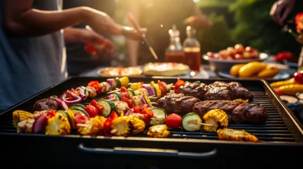 Gordijnen A Delicious BBQ Feast With Mouthwatering Food Sizzling on the Grill © AI Visual Vault