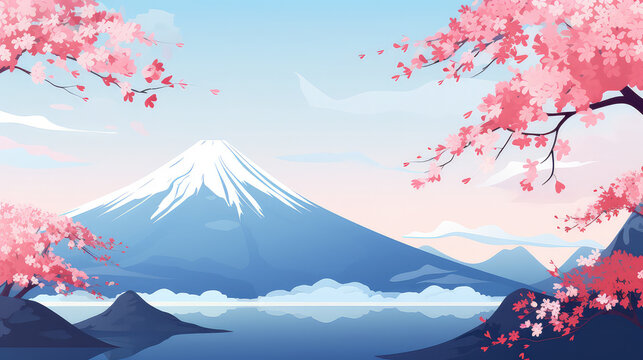 Japanese illustration Mount Fuji with sakura blossom
