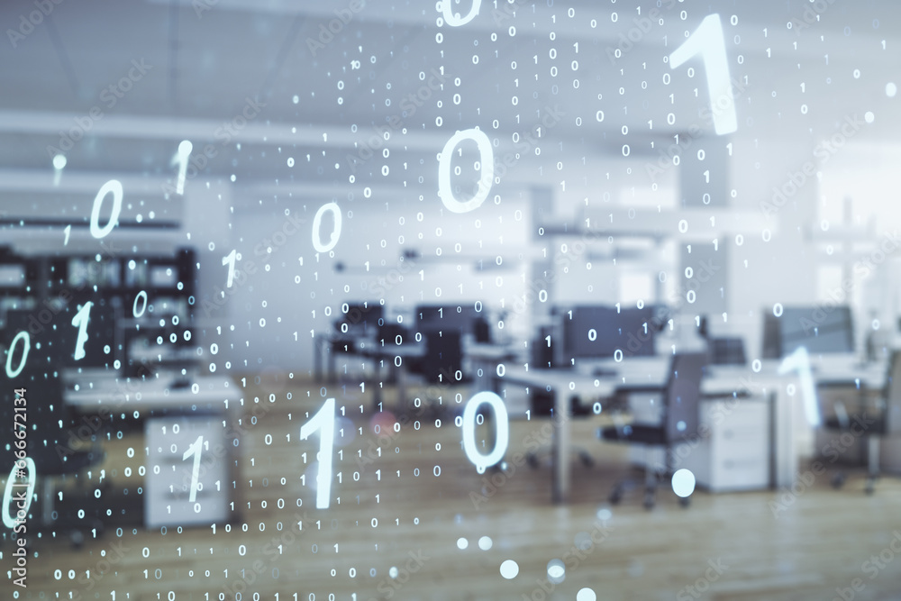 Leinwandbilder double exposure of abstract virtual binary code hologram on modern corporate office background. data