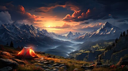 Camping in the mountains at cloudy sunset