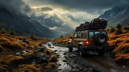Land cruiser with mountain, lake and hiking things - obrazy, fototapety, plakaty