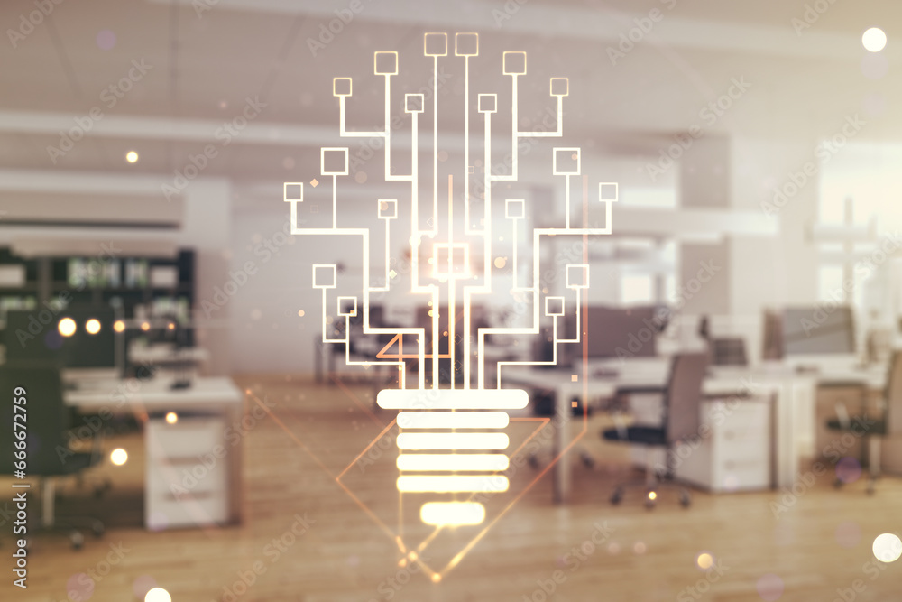 Poster Virtual creative idea concept with light bulb and microcircuit illustration on a modern furnished office background. Neural networks and machine learning concept. Multiexposure