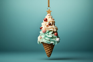 Christmas tree toy in the shape of an ice-cream. copy space. on a blue patel background. creative food concept for the holiday table. generative ai - obrazy, fototapety, plakaty