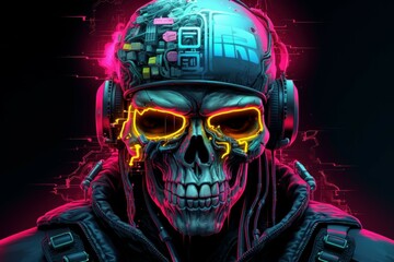 Grim Cyberpunk skull. Dead evil head. Generate Ai