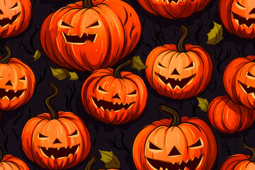 Halloween seamless pattern with pumpkins on black background