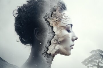 The image of a split personality. Fight with your inner world. Yin and Yang. Black and white