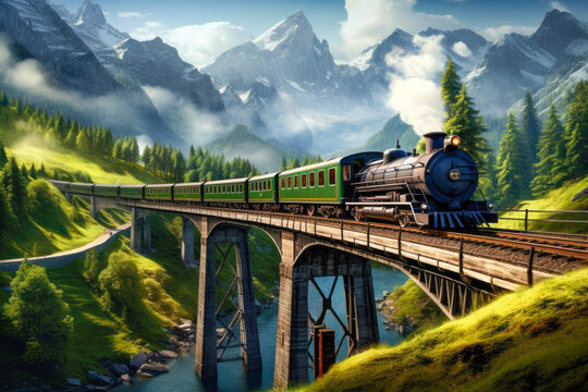 Steam locomotive on the railway bridge in the mountains