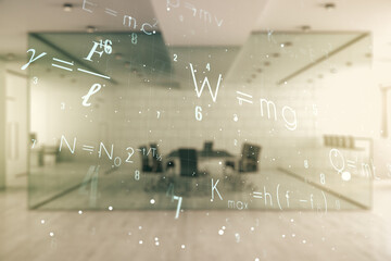 Scientific formula hologram on a modern furnished office interior background, research concept. Multiexposure